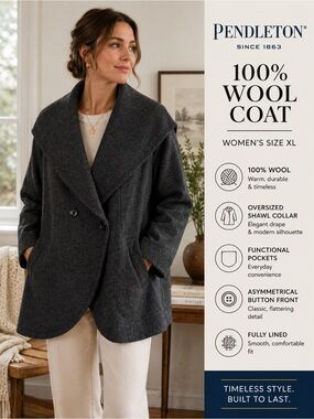 Pendleton 100% Wool Coat Womens XL Gray Shawl Collar Oversized Jacket